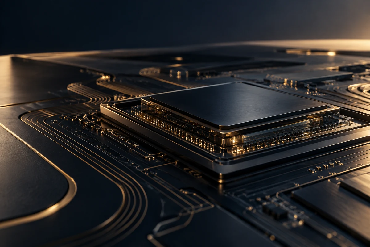 Concept image of an AI processor and precision optical pathways