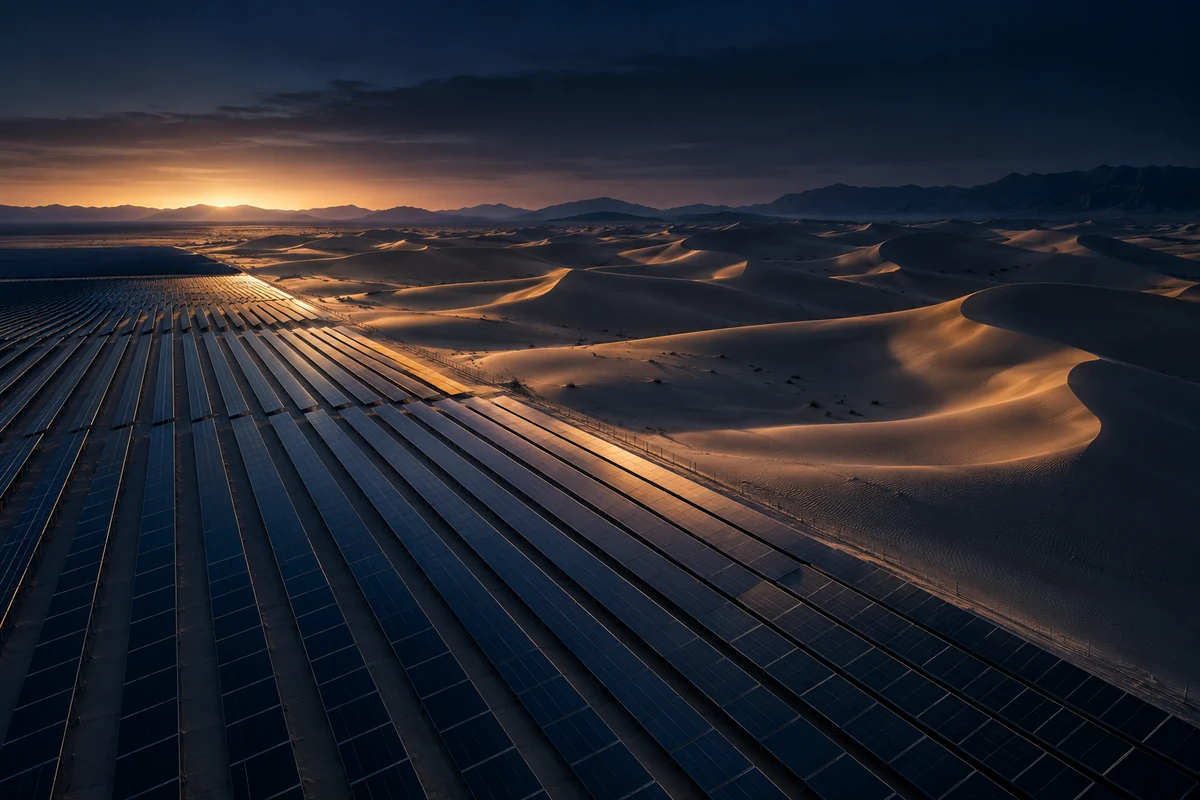 Concept image of a solar field in a desert landscape