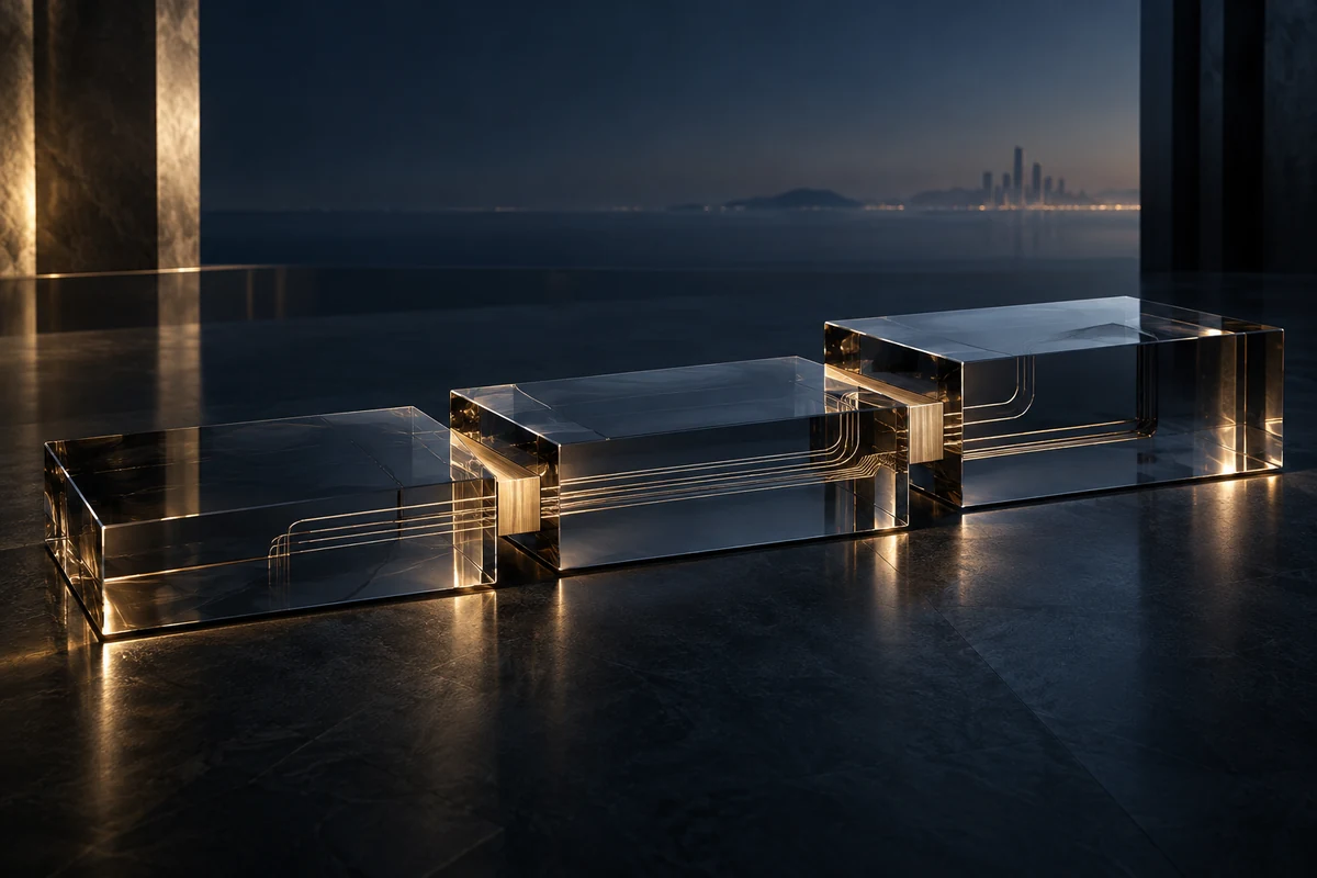 Concept image of connected optical-glass layers representing financial infrastructure